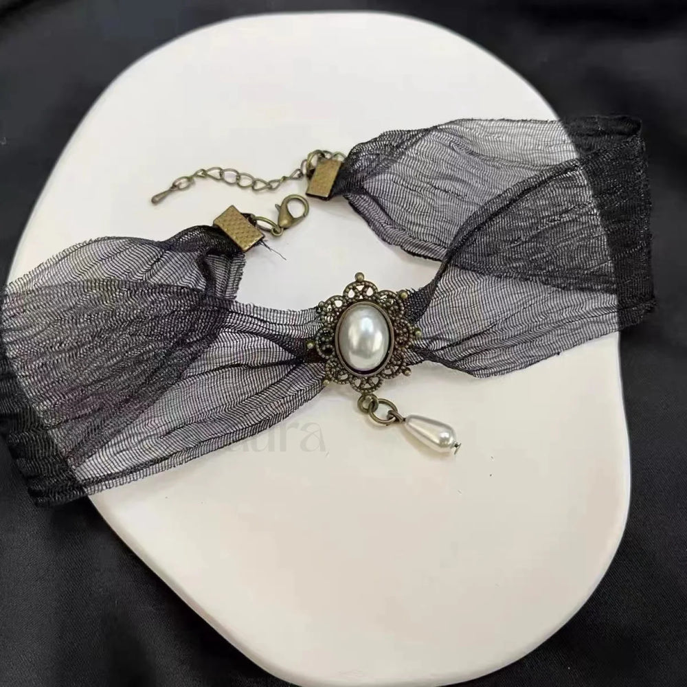 Baroque Pearl Sheer Silk Vintage Choker Necklace BLACK