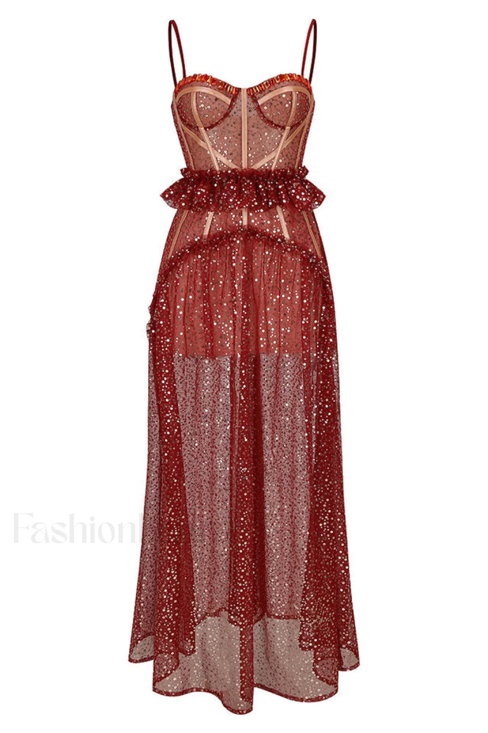 Barrett Sequined Mesh Charming & Lace Maxi Dress XS / Red