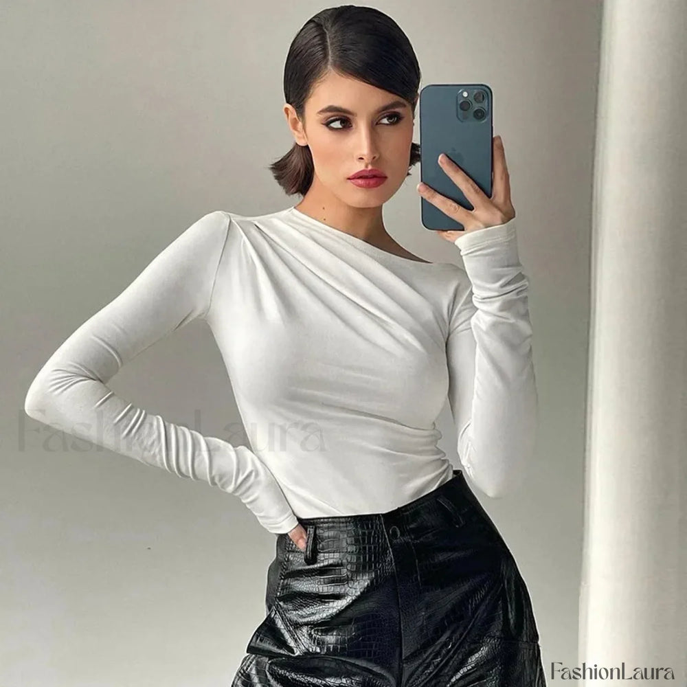 Basic White Skew Neck Long Sleeve Tee WHITE / S