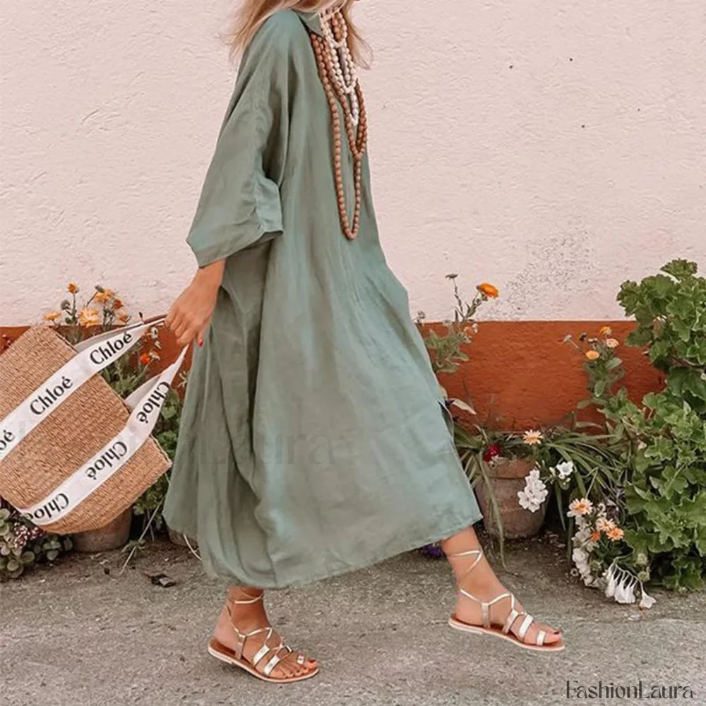 Bat Sleeve Hemp Boho Dress Green / S