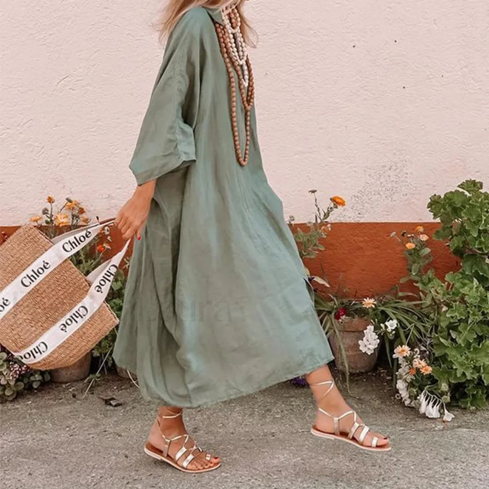 Bat Sleeve Hemp Boho Dress Green / S