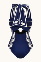 Navy Halter Strappy High Waist One Piece Swimwear