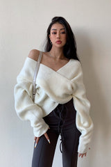 Solid V-Neck Crisscross Cold Shoulder Asymmetric Sweater