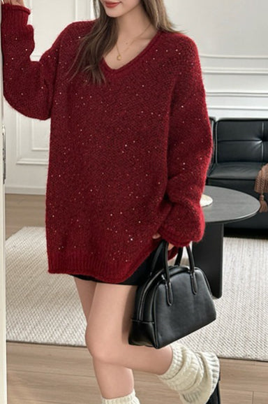 V Neck Sequin Oversized Sweater Main image