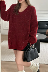 V Neck Sequin Oversized Sweater