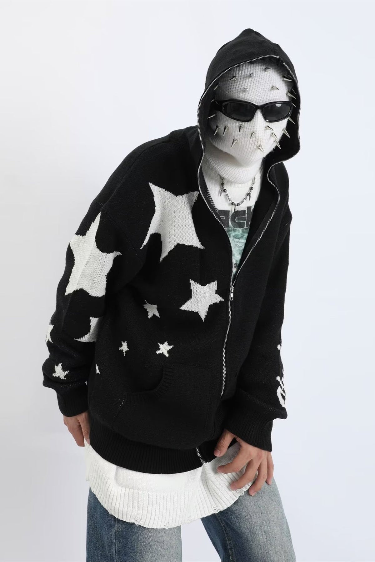 Star Pattern Vintage Knit Zip Up Hoodie