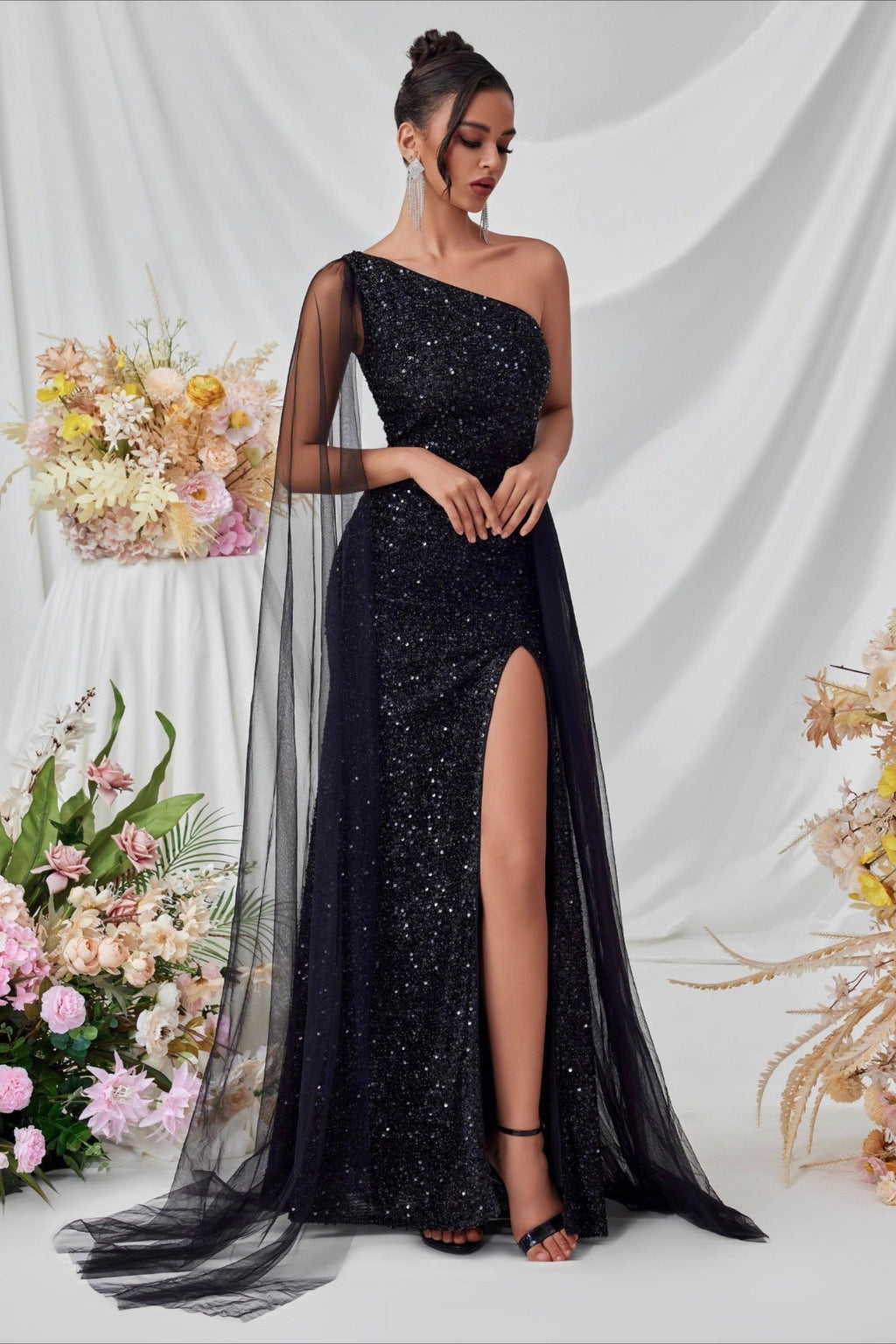 Sequin Mesh Panel Evening Party Dress XS / Black