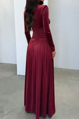 Deep V Ruched Long Sleeve Slit Fitted Waist Maxi Dress