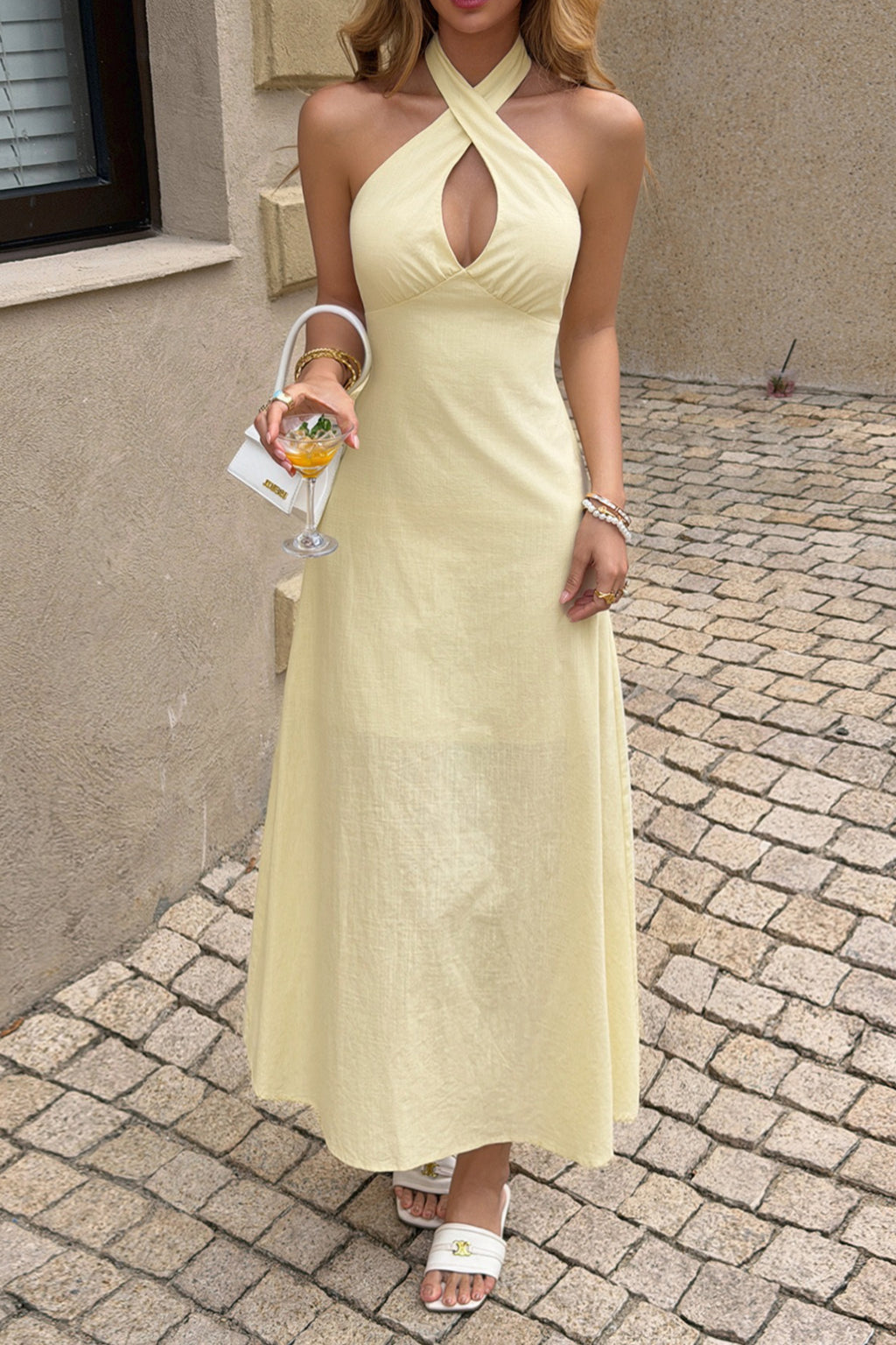 Crisscross Halter Fitted Waist Maxi Dress