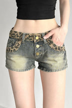 Vintage Leopard Patchwork Low Rise Denim Shorts