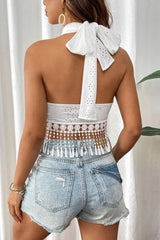 White Lace Strapless Fringe Crop Top