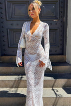 Deep V Sheer Lace Long Sleeve Maxi Dress