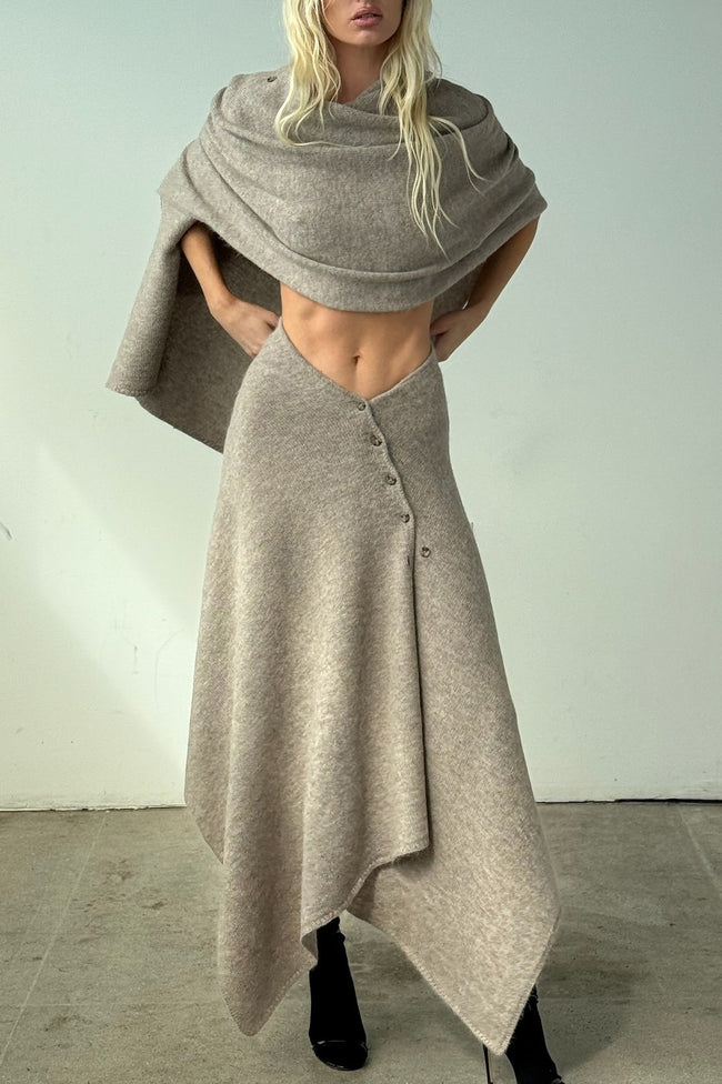 Asymmetric Ribbed Knit Crop Top Matching Skirt Set Main image