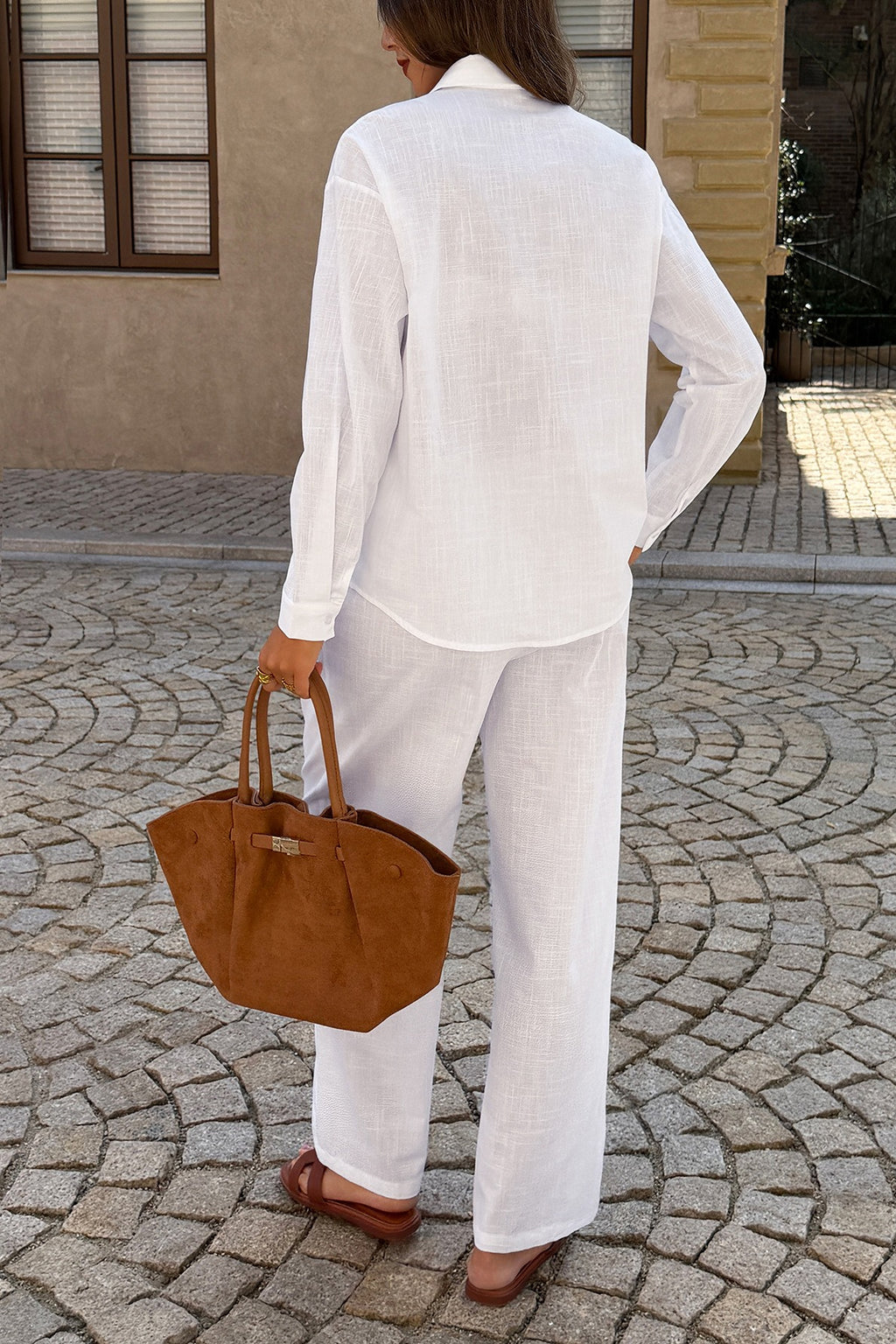 Casual Solid Long Sleeve Shirt Pants Set