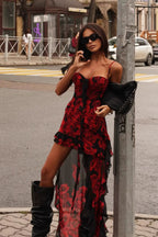 Rose Print Mesh Train Party Dress