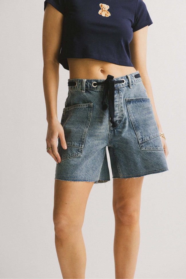 Vintage Washed Loose Fit Denim Drawstring Shorts Main image