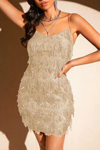 Sequin Fringe Trim Spaghetti Strap Party Dress S / Beige