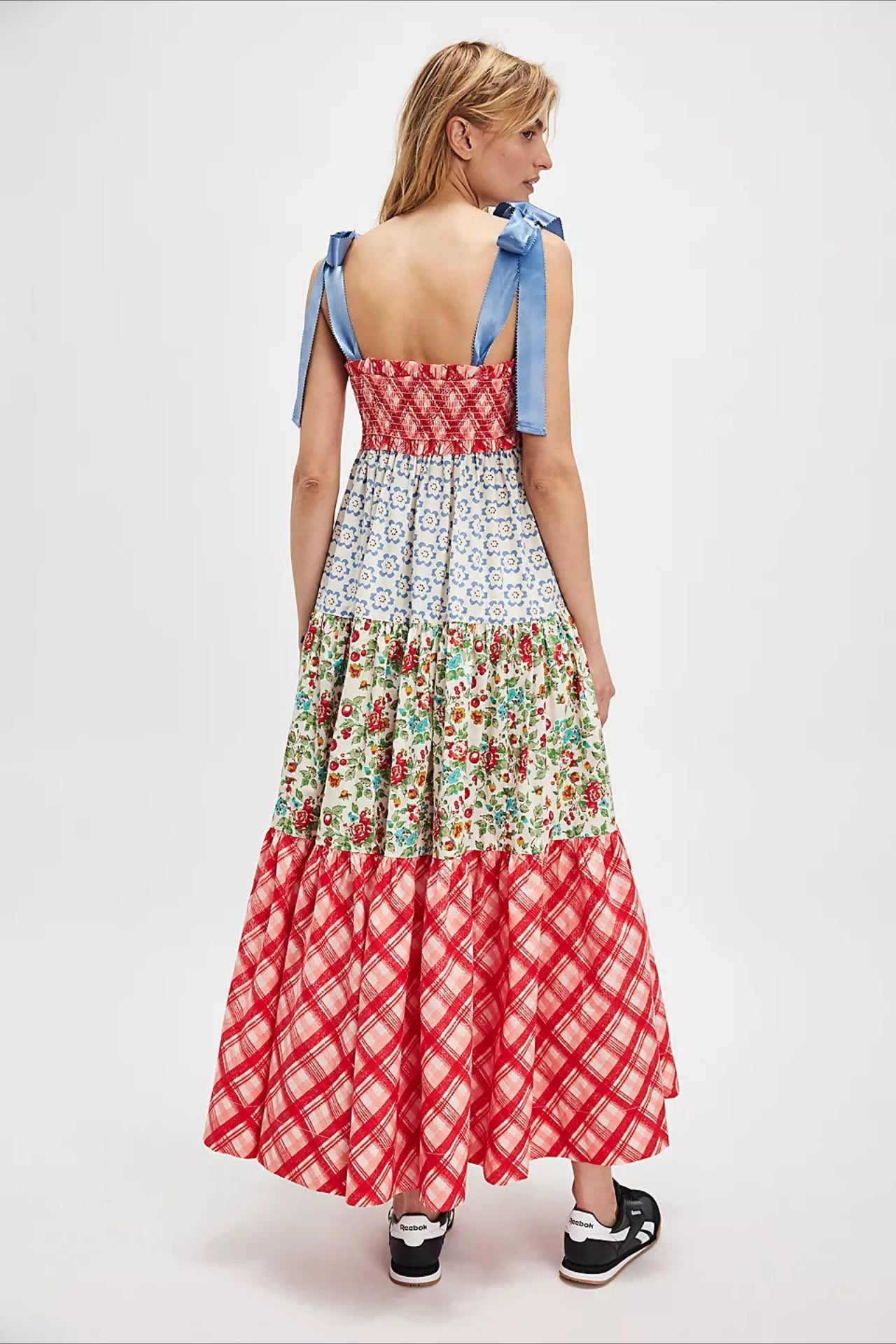 Gingham Patchwork Floral Print Boho Dress Secondary image