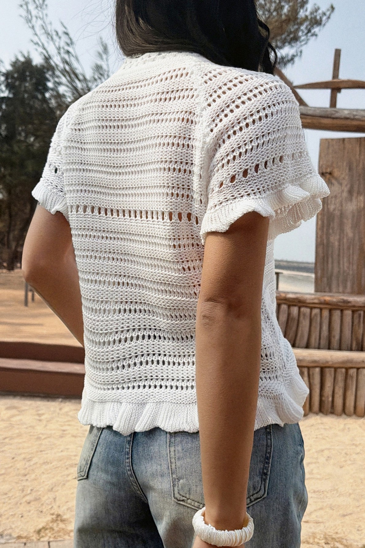Contrast Open Knit Shell Trim Crew Neck Tee