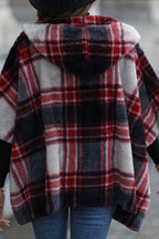 Fuzzy Plaid Hooded Short Sleeve Coat coats