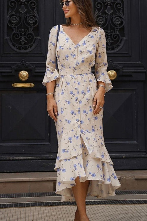 Asymmetric V Neck Flare Sleeve Floral Dress Main image
