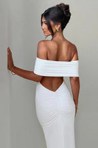 Solid Off Shoulder Ruched Formal Dress S / White