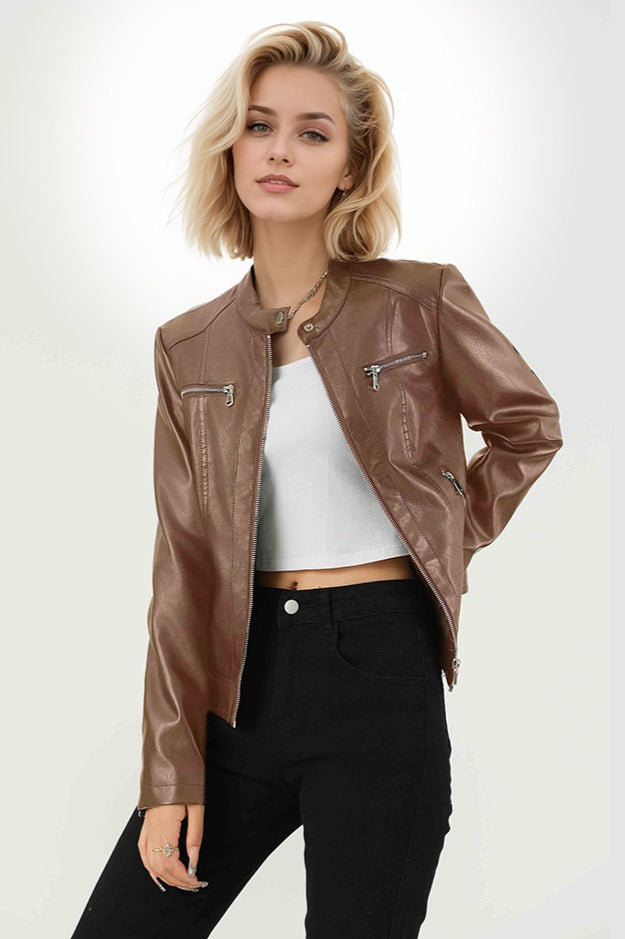 Fitted PU Biker Style Jacket Brown / S