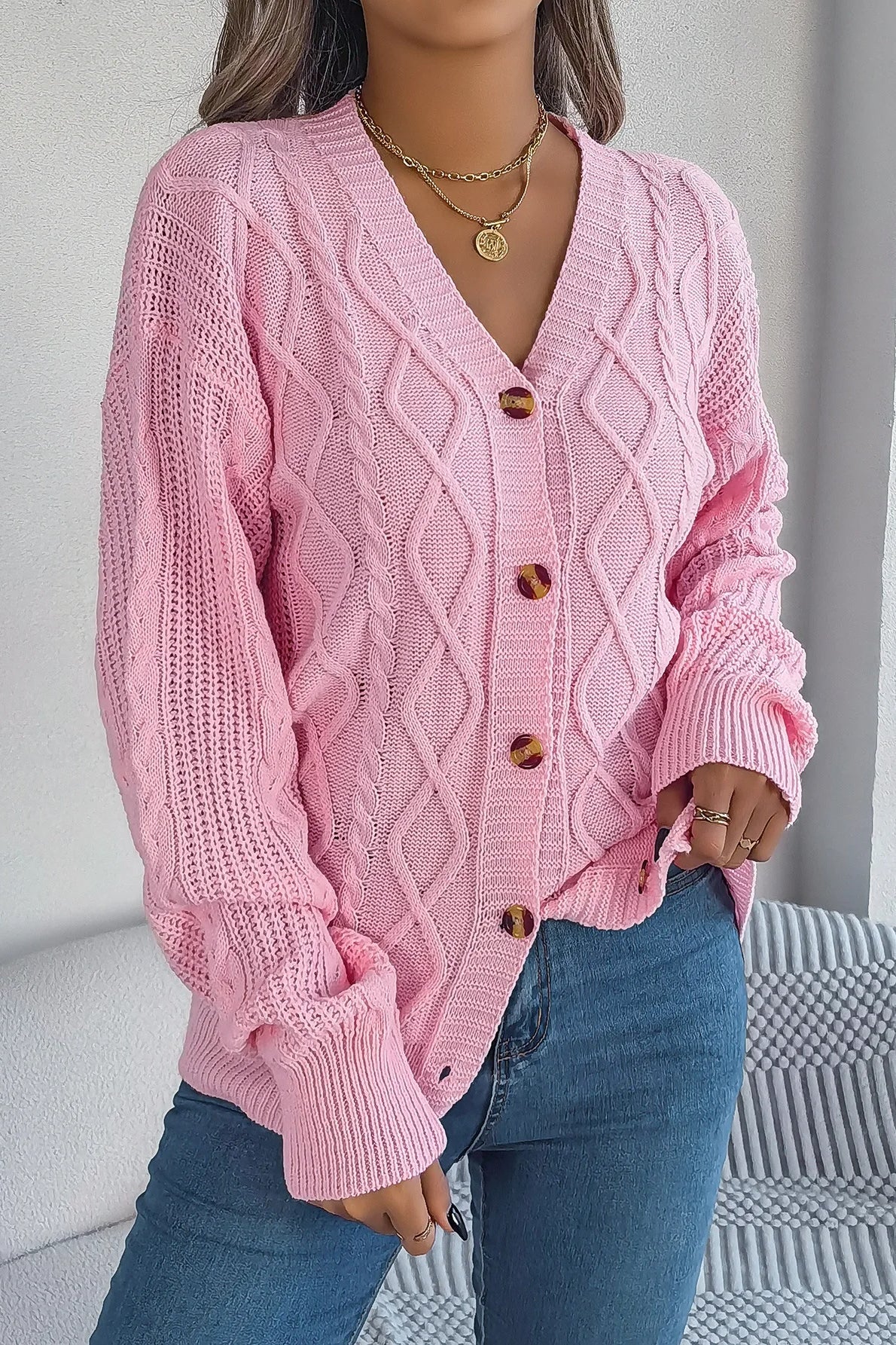 Knitted Long Sleeve Loose Single Breasted Cardigan Main image