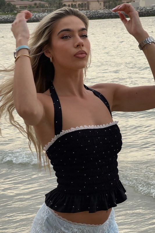 Polka Dot Ruffled Halter Tie Crop Top Main image