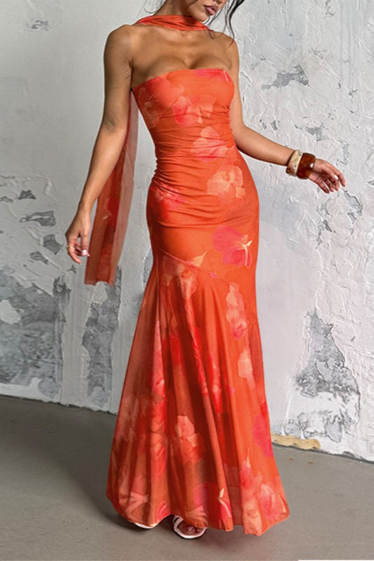 Sexy Strapless Mesh Tie Detail Maxi Floral Dress Main image