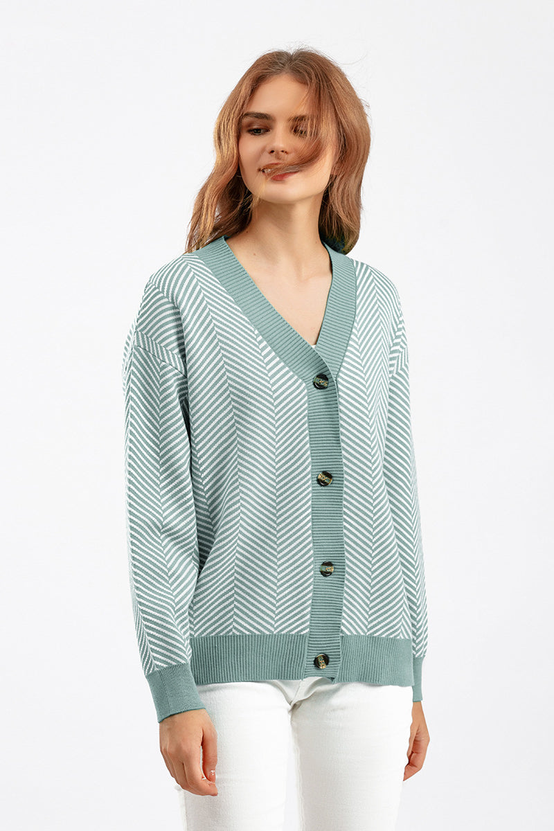 Striped V Neck Buttoned Knit Sweater
