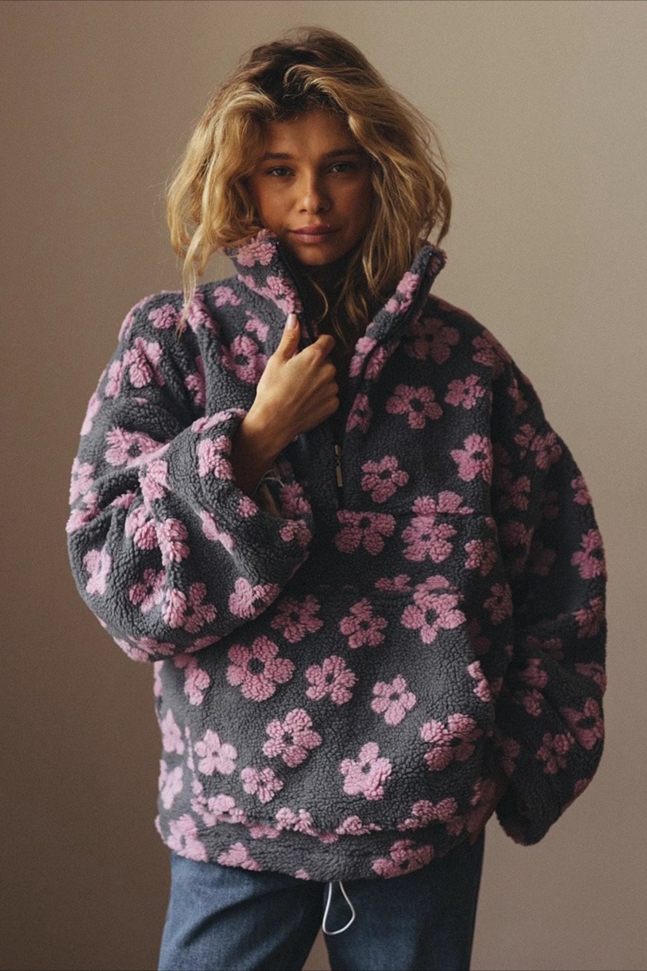 Floral Sherpa Quarter Zip Pullover Sweatshirt