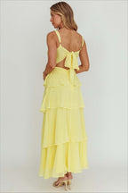 Sexy Backless Halter Tiered Ruched Waist Maxi Prom Dress