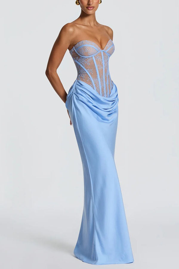 Lace Corset Draped Satin Formal Dress