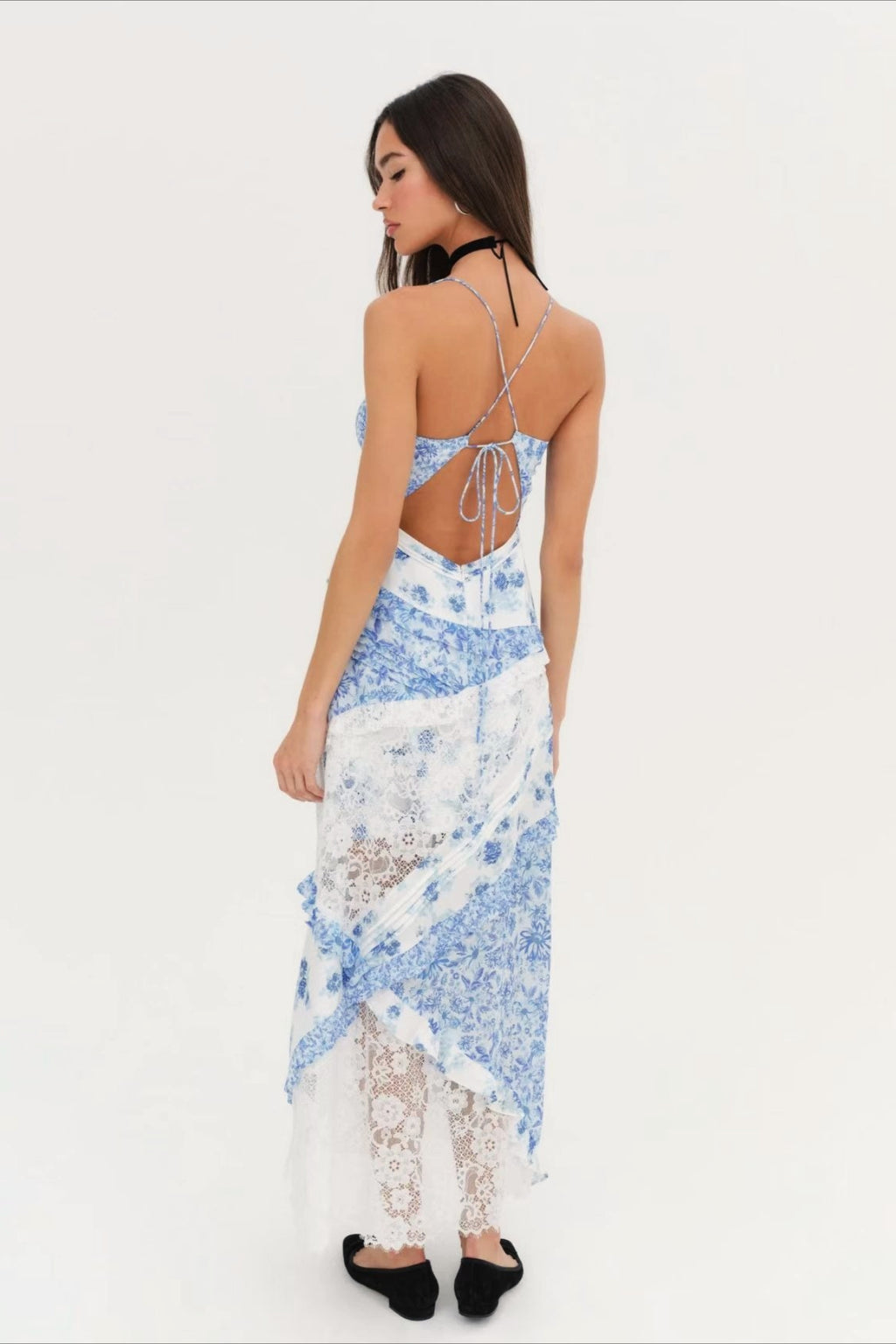 Floral Lace Panel Deep V Spaghetti Strap Maxi Dress