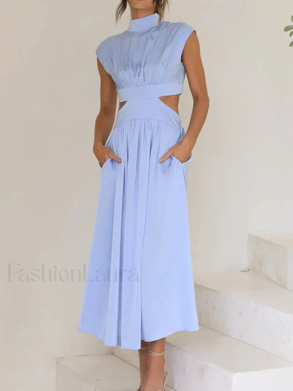 Beach Maxi Hollow Out Casual Fashion Summer Sexy V neck Long Midi Dress Light Blue / S