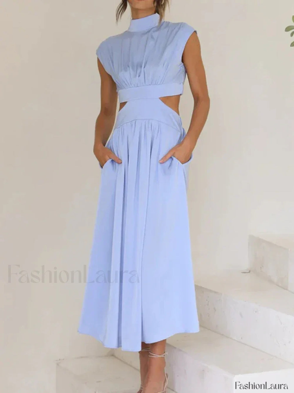 Beach Maxi Hollow Out Casual Fashion Summer Sexy V neck Long Midi Dress Light Blue / S