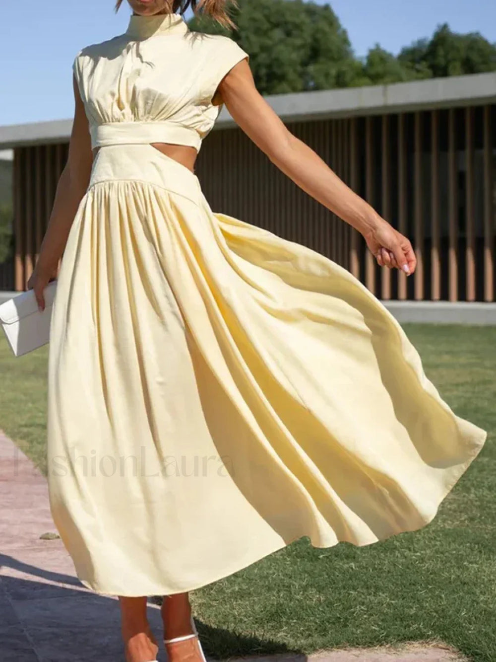 Beach Maxi Hollow Out Casual Fashion Summer Sexy V neck Long Midi Dress Light Yellow / S