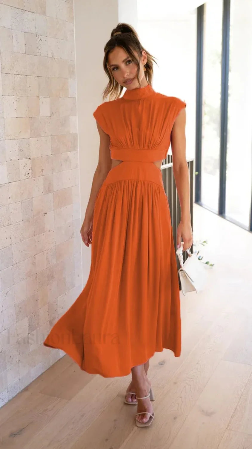 Beach Maxi Hollow Out Casual Fashion Summer Sexy V neck Long Midi Dress ORANGE RED / S
