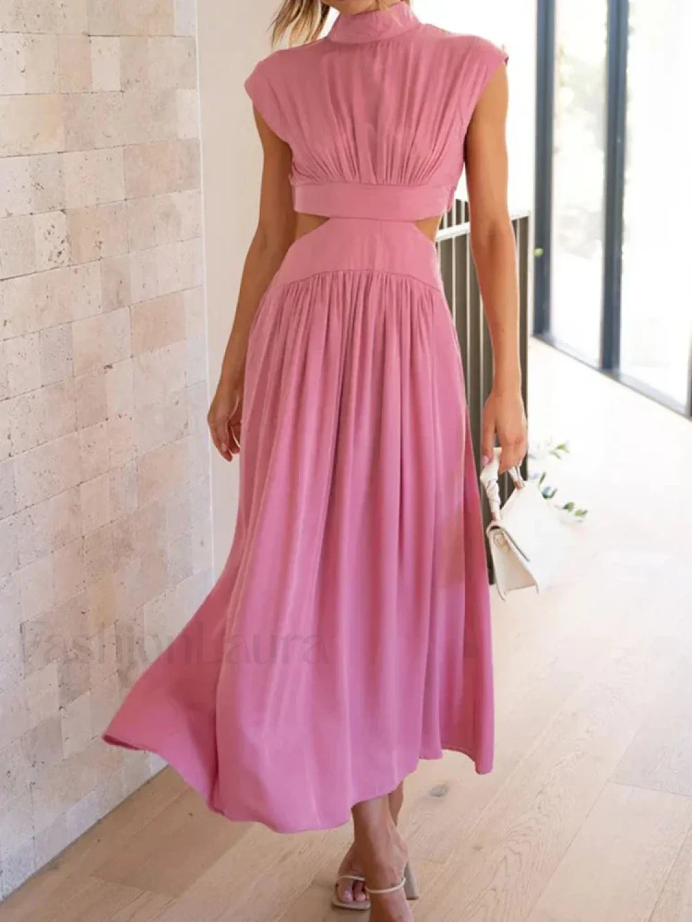 Beach Maxi Hollow Out Casual Fashion Summer Sexy V neck Long Midi Dress Pink / S