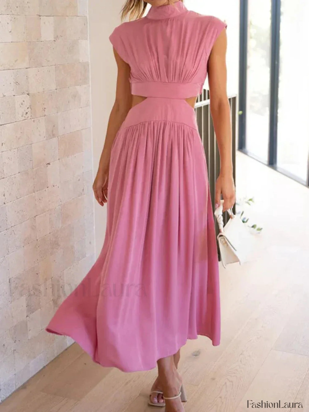 Beach Maxi Hollow Out Casual Fashion Summer Sexy V neck Long Midi Dress Pink / S