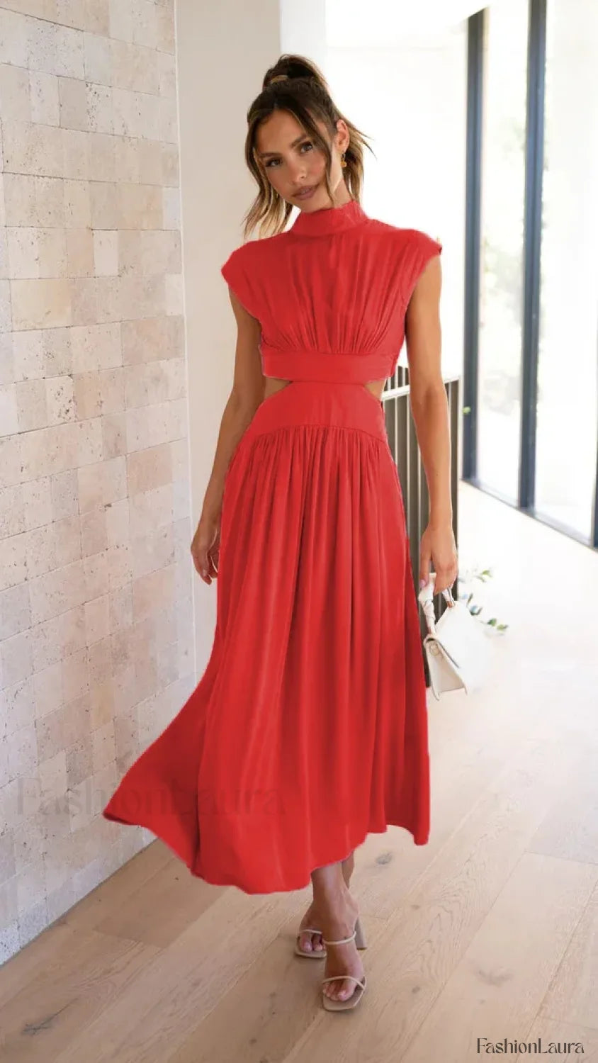 Beach Maxi Hollow Out Casual Fashion Summer Sexy V neck Long Midi Dress Red / S