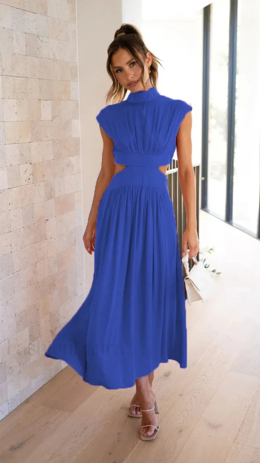 Beach Maxi Hollow Out Casual Fashion Summer Sexy V neck Long Midi Dress ROYAL BLUE / S