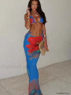 Beach Skirt Backless Three Piece Set Blue / S