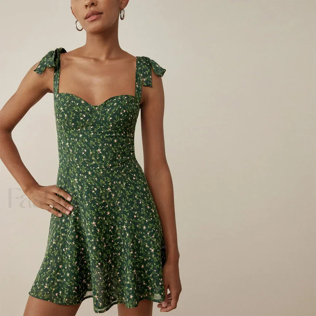 Beach Tie Strap Blue Floral Dress green / S