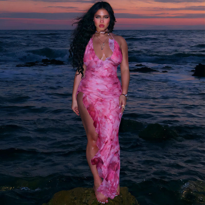 Beach Vacation Tie Dye Print Ruffle Trim Halter Maxi Dress Pink S / Pink Vacation聽Dresses
