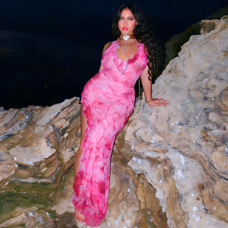 Beach Vacation Tie Dye Print Ruffle Trim Halter Maxi Dress Pink M / Pink Vacation聽Dresses