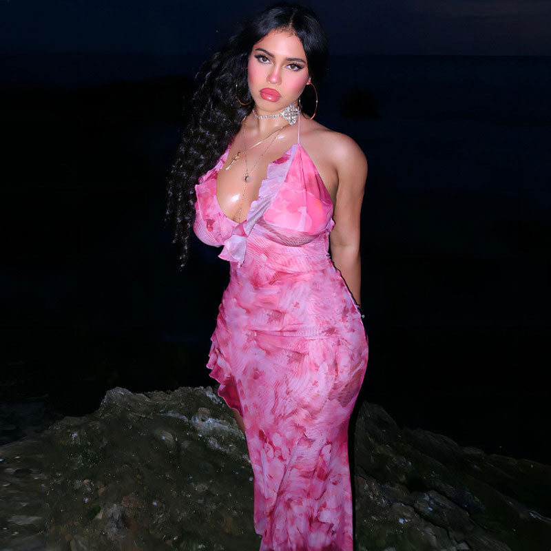 Beach Vacation Tie Dye Print Ruffle Trim Halter Maxi Dress Pink L / Pink Vacation聽Dresses