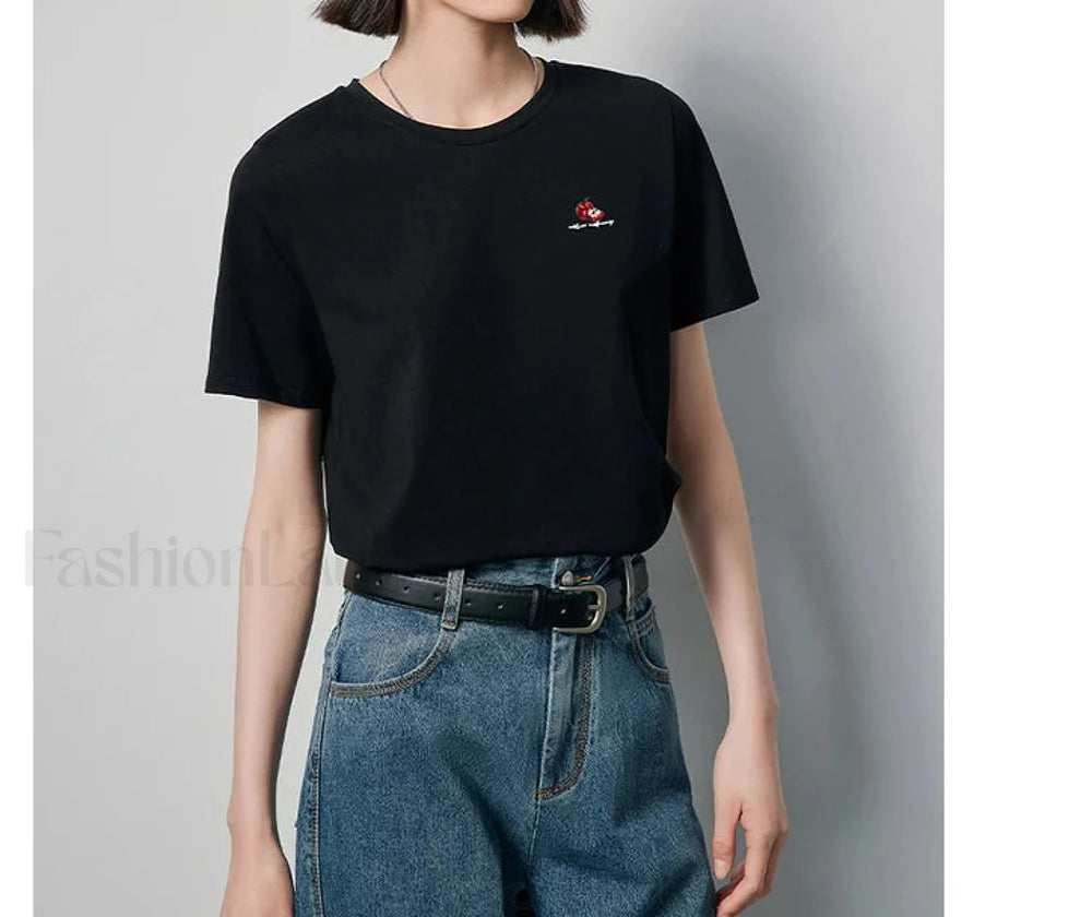 Bead Embroidered Round Cotton T Shirt Black / S