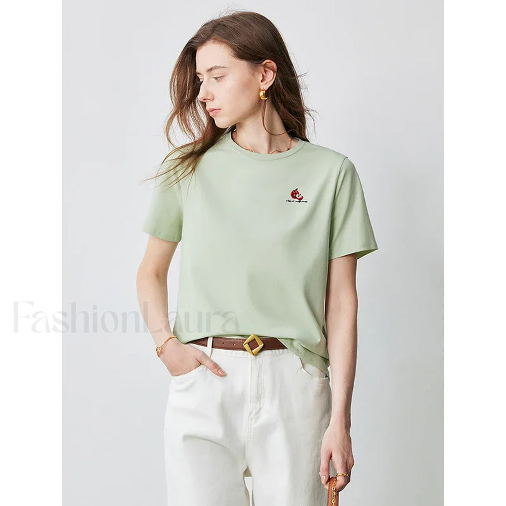 Bead Embroidered Round Cotton T Shirt Light Green / S